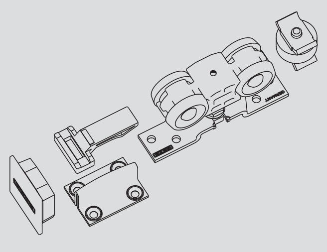 GEZE -  Kit PERLAN 140 abs per sistema scorrevole - a: 2 X DOPPIO  CARRELLO - b: 2 X FERMAPORTA INTEGRATO - c: 2 X PIASTRA DI  SUPPORTO - d: 1 X FERMO A MOLLA - e: 2 X VITE DI  SOSPENSIONE, 2 X TAPPI LATERALI - f: 1 X GUIDA A  PAVIMENTO PER ANTA IN LEGNO