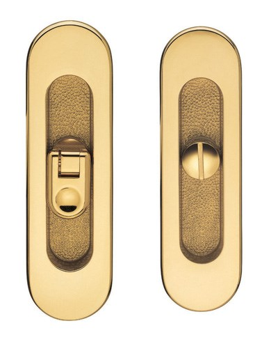 VALLI & VALLI -  Maniglia Da Incasso K1204 ovale con serratura e50 chiavistello intaglio e maniglietta di trascinamento - mat. OTTONE - col. OTTONE NATURALE - entrata 50 - dim. 16 X 160