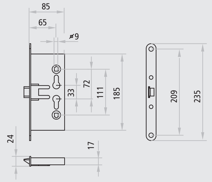 NINZ -  Serratura PROGET bordo tondo con scrocco foro yale per cilindro - col. INOX - entrata 65 - frontale 235 X 24 - interasse 72