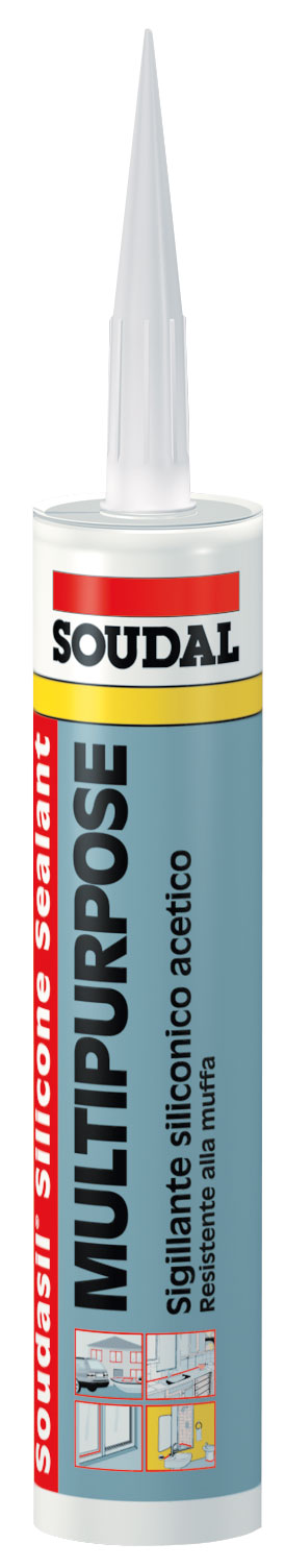 SOUDAL -  Sigillante MULTIPURPOSE silicone acetico per sigillatura di vetri su alluminio - col. TRASPARENTE - q.ta 280 ML