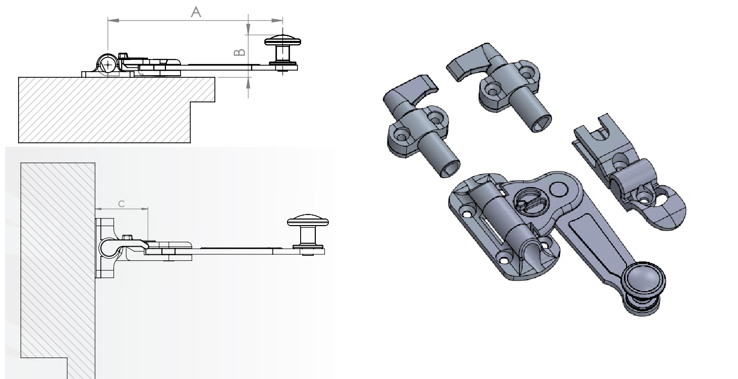 Spagnoletta SPAGNOLETTA kit senza aste 1 anta con sicura finale piatto - col. ARGENTO - h mm A=127 - B=15 - C=29