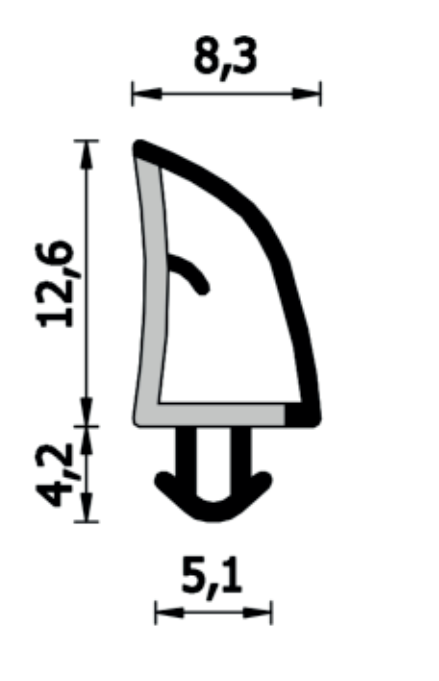 ROVERPLASTIK -  Guarnizione SERIE AC per porte interne coestrusa con schiena rigida - col. NERO - a: aria 4,8 - b: battuta 13 - note A536 AC