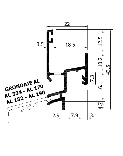 ROVERPLASTIK -  Gocciolatoio PROFILI profilo per battuta - mat. ALLUMINIO - col. ARGENTO - note AL220