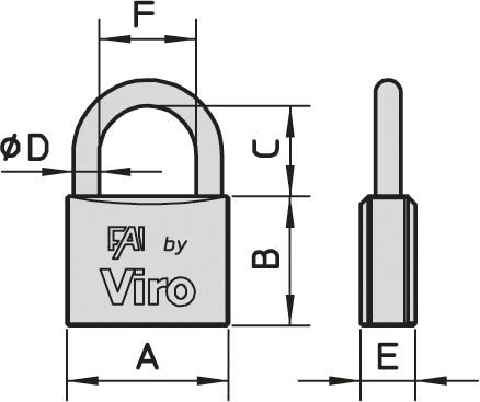 VIRO -  Lucchetto FAI rettangolare con 2 chiavi - mat. OTTONE - col. OTTONATO - a: 40 - b: 33 - c: 23 - d: 6,3 - e: 15 - f:  22