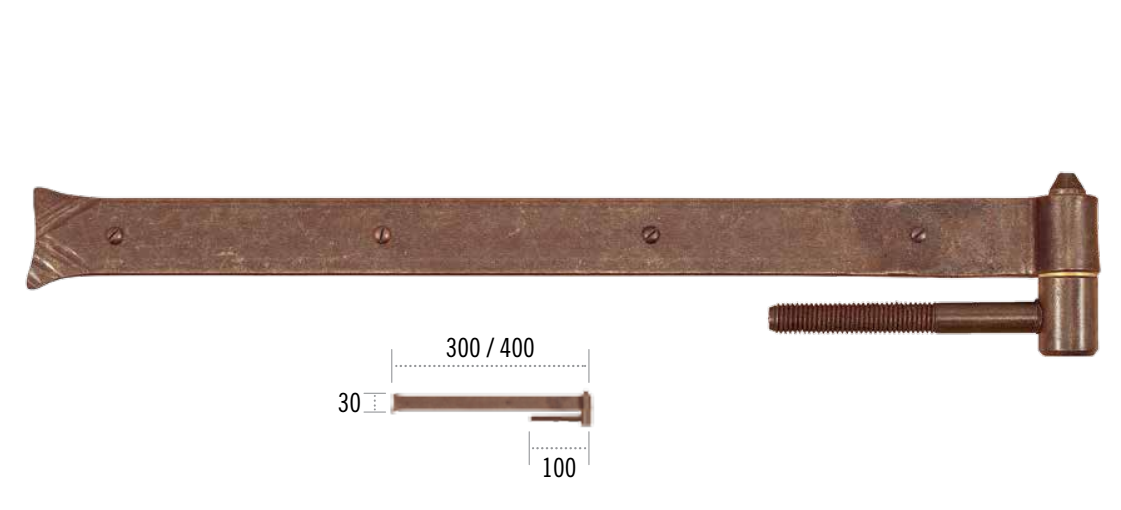 Bandella FORGIATO dritta occhio centrale - col. RUGGINE - ø 14 - a  mm 300 - z mm CON CARDINE