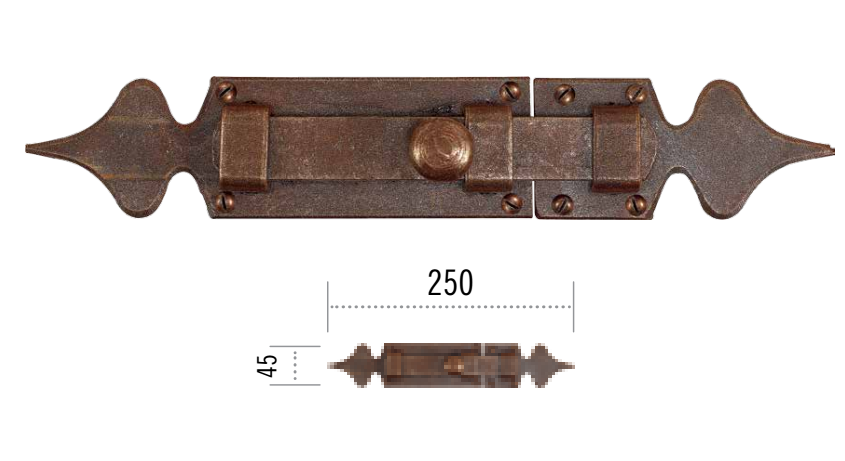 Catenaccio FORGIATO orizzontale per anta doppia - col. RUGGINE - lunghezza 250 - sezione 45