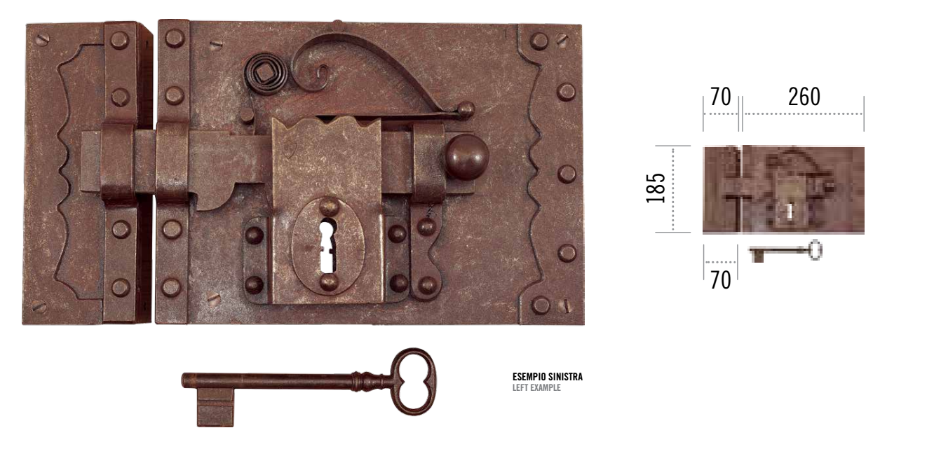 Serratura FORGIATO da applicare con scrocco centrale e con chiave - col. RUGGINE - entrata 100