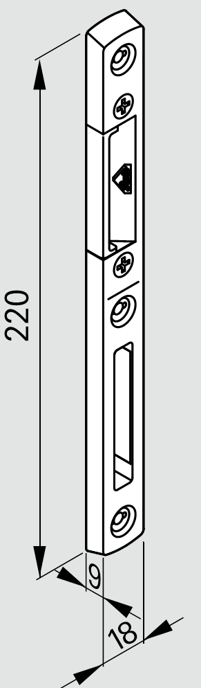 ROTO FRANK -  Incontro C500/C600/H500/H600 registrabile per scrocco e catenaccio - col. ARGENTO OPACO - aria 12 - frontale 18 - interasse 9 - dim. 220 X 18 X 9 - mano DX