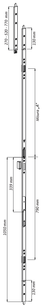 GU-ITALIA -  Catenaccio SECURY MR2 asta a leva altezza maniglia fissa per serratura multipunto - col. ARGENTO - interasse 12 - frontale 24 X 8 - altezza maniglia 1050 - dimensioni A = 915 - mano DX