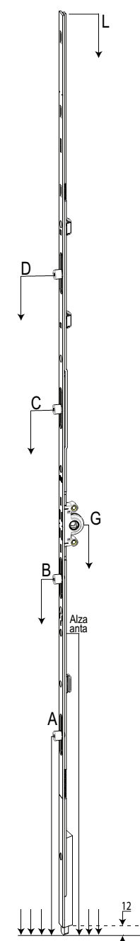 GU-ITALIA -  Cremonese G-23730 anta a bandiera altezza maniglia fissa con puntale chiusura ad espansione per seconda anta - entrata 15 - alt. man. 200 - lbb/hbb 551 - 720