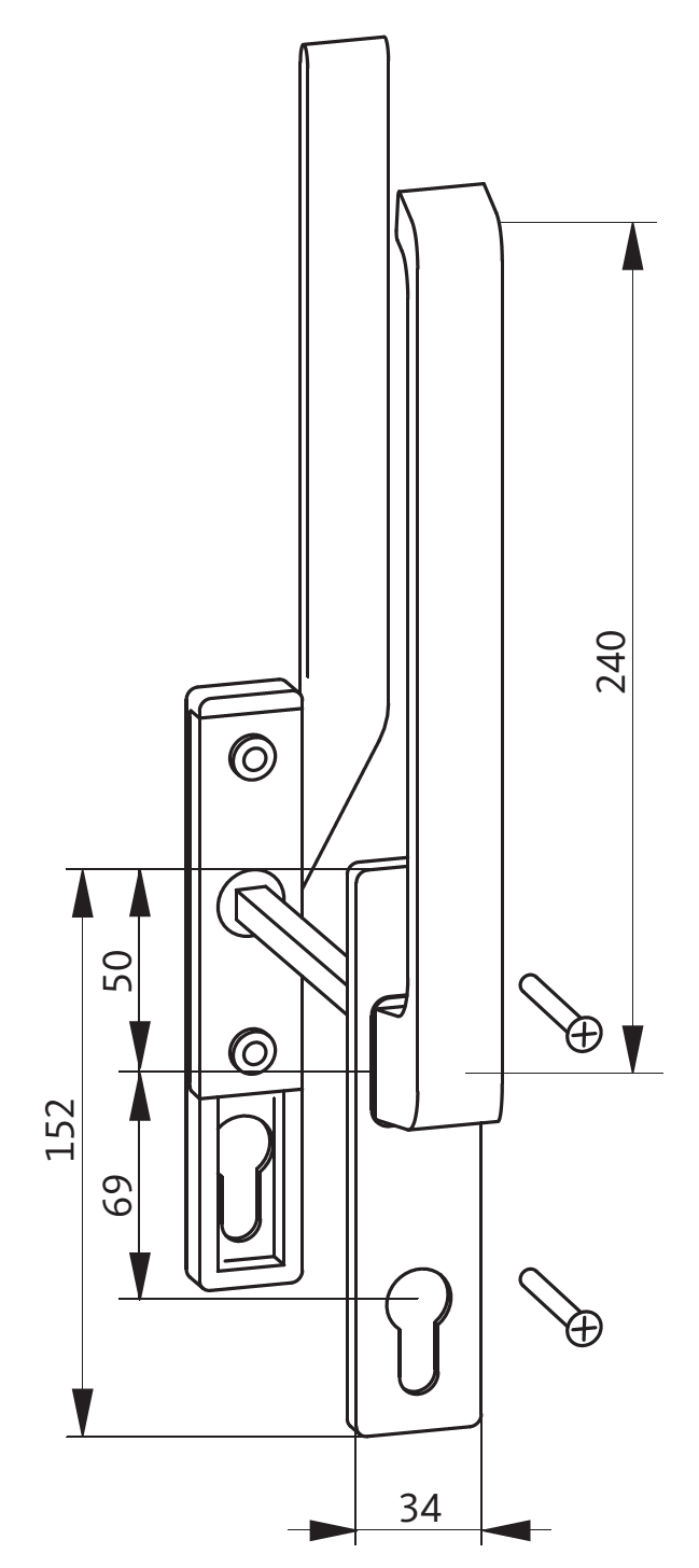 GU-ITALIA -  Maniglione Per Parallelo Complanare DIRIGENT accoppiato con placca foro yale - mat. ALLUMINIO - col. ARGENTO - ø mm LEVA 240 X 76 X 20