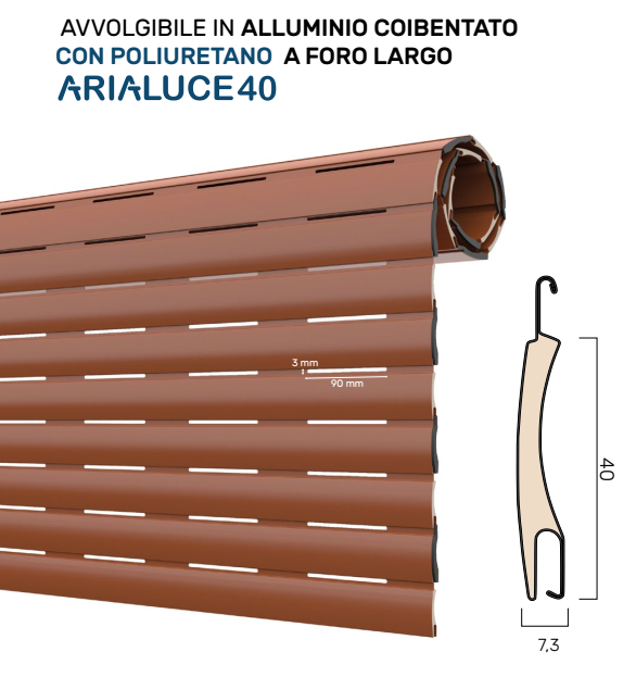 Avvolgibile ARIALUCE 40 acciaio coibentato media densita - solo telo - mat. ALLUMINIO - col. ARIALUCE BASE - h 40 - l 7,3 - kg per mq 3,25