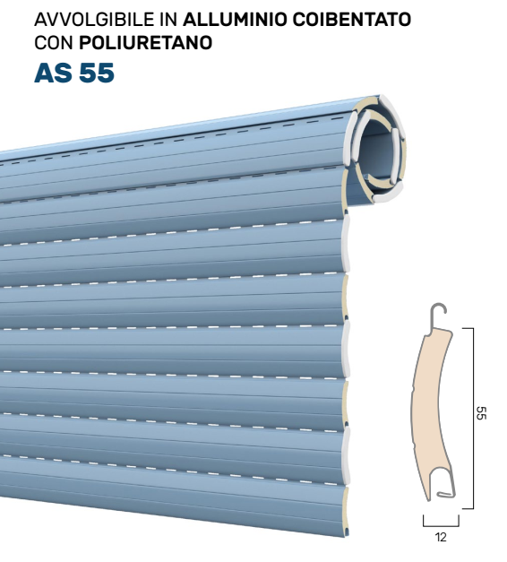 Avvolgibile AS55 alluminio coibentato media densita - solo telo - mat. ALLUMINIO - col. PETIT 30 BASE - h 55 - l 12 - kg per mq 3,2