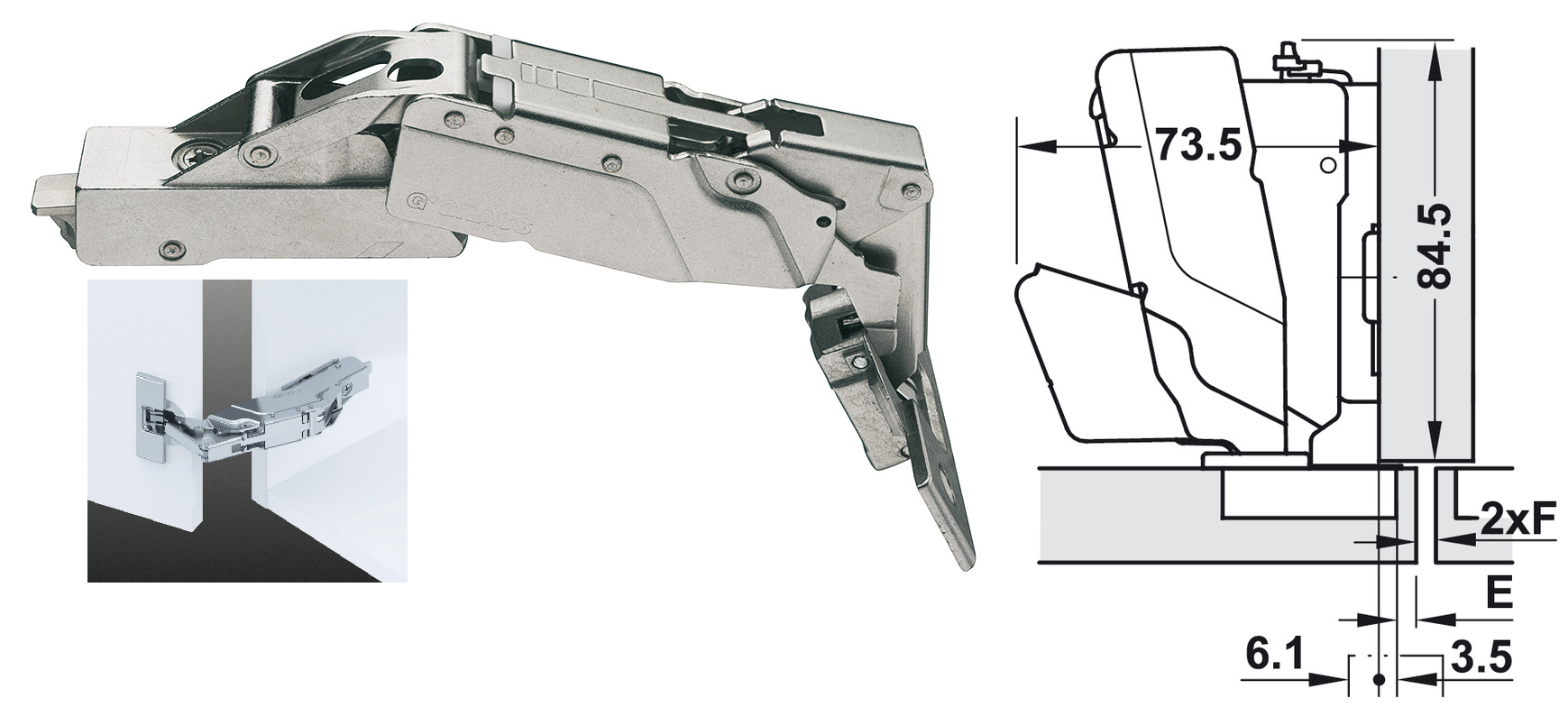 GRASS -  Cerniera TIOMOS T regolabile con sormonto ad incasso per mobili senza basetta di montaggio - apertura/altezza 160° - sormonto 9 - SEMI SORMONTO - spess. anta max 32 - altezza tazza PIEGATURA A GOMITO 9,5