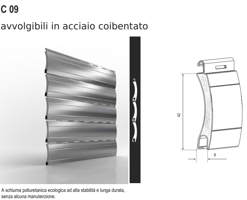 Avvolgibile C09 acciaio coibentato media densita - solo telo - mat. ACCIAIO - col. TINTA UNITA - h 42 - l 9 - kg per mq 9,00