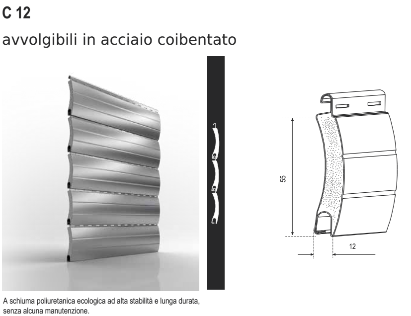 Avvolgibile C12 acciaio coibentato alta densita - solo telo - mat. ACCIAIO - col. TINTA UNITA - h 55 - l 12 - kg per mq 9,00