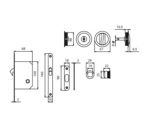 GHIDINI - Kit Maniglia Da Incasso tonda con serratura e50 chiavistello intaglio e maniglietta di trascinamento - mat. OTTONE - col. F4 - ANODIZZATO BRONZO