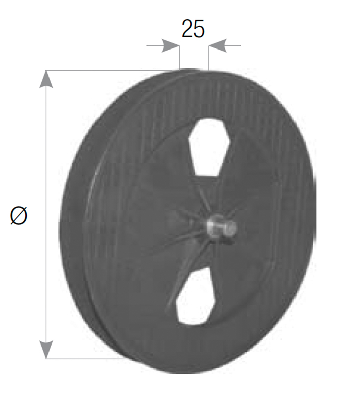 Puleggia TAPPARELLA per avvolgibile tapparella - mat. PVC - col. NERO - dimensioni Ø 180 - info PULEGGIA IN PLASTICA PER RULLO DA 60 PERNO ESTERNO