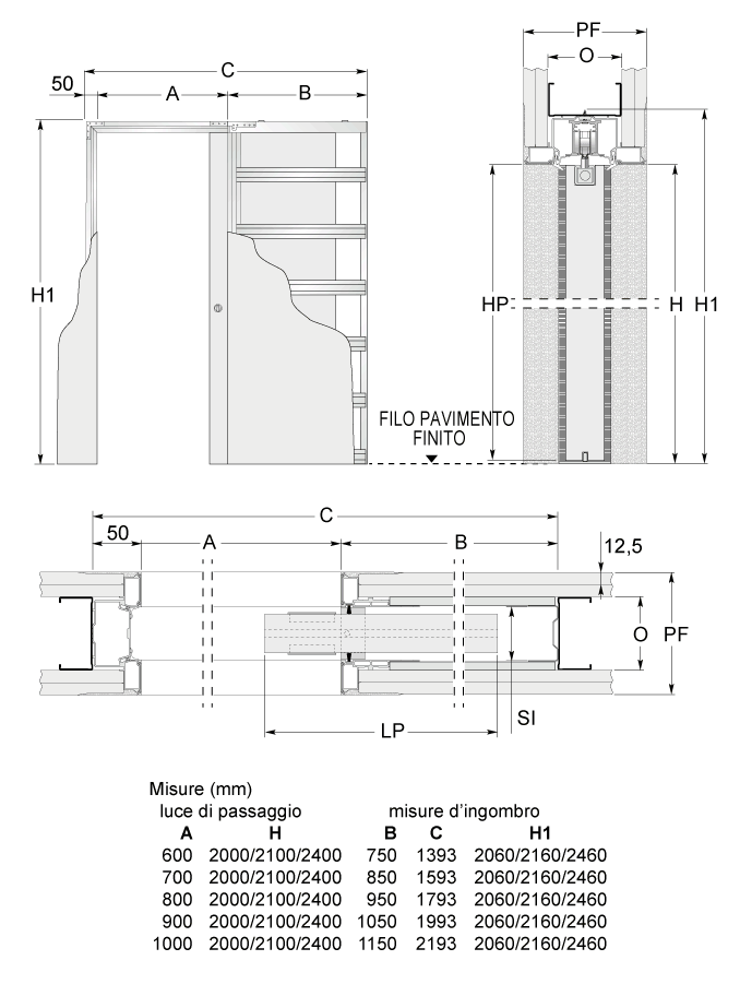 ECLISSE -  Controtelaio SYNTESIS LINE per cartongesso per anta singola scorrevoli a scomparsa assemblato - l. passaggio 800 - h. passaggio 2100 - a mm 850 - c x h1 1956 X 2185 - b mm 817