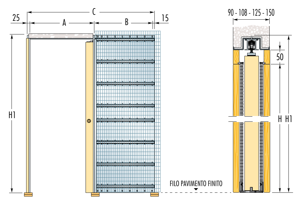 ECLISSE -  Controtelaio UNICO per intonaco per anta singola scorrevoli a scomparsa assemblato - l. passaggio 1100 - h. passaggio 2100 - a mm 1150 - c x h1 2315 X 2190 - b mm 1125