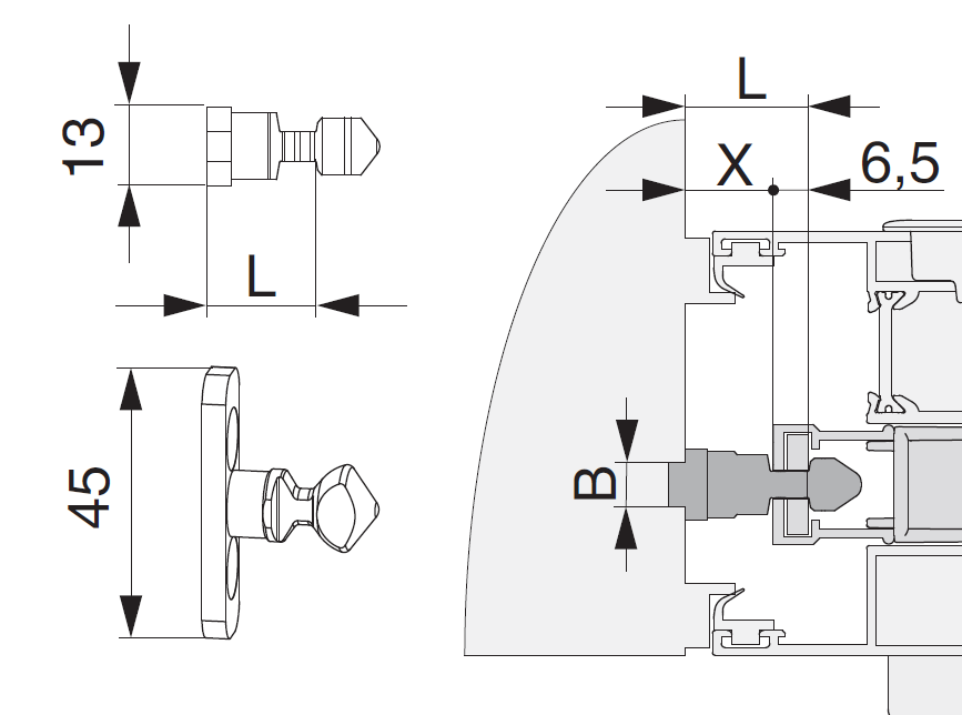 MAICO -  Perno RAIL-SYSTEMS di chiusura - col. ARGENTO - dimensioni L=14,5 B=13