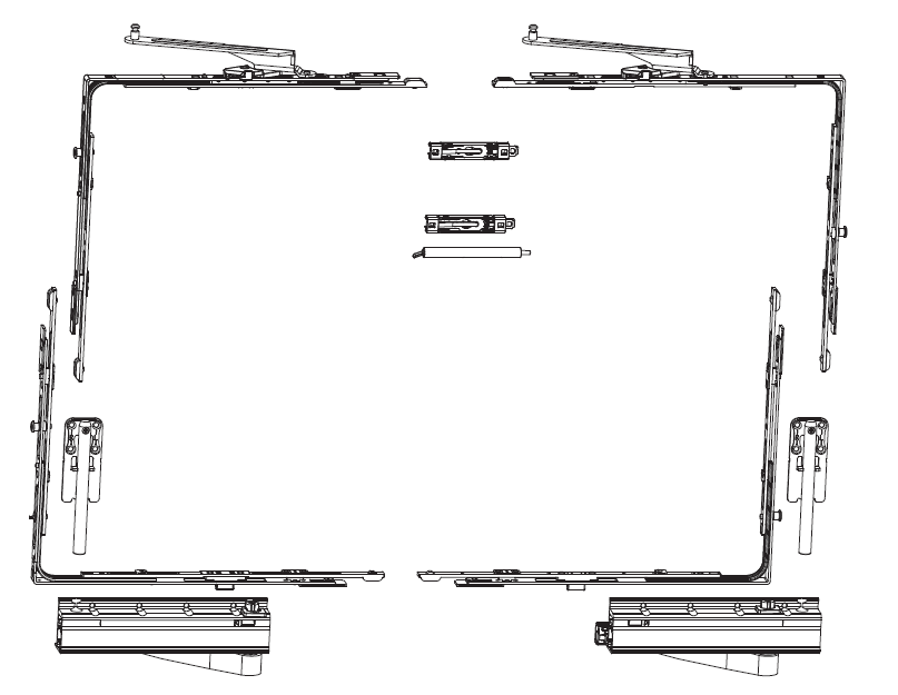 MAICO -  Kit RAIL-SYSTEMS dx 160 kg base carrelli anta scorrevole a ribalta - col. ARGENTO - a: INT. 13 - b: 1 X CARRELLO LATO CREM. - 1 X CARRELLO LATO CERN. - c: 2 X ELEMENTI DI SOSTEGNO - 1 X UTENSILE SGANCIATORE - d: 2 X MOVIMENTI ANG. INF. CON SCROCC