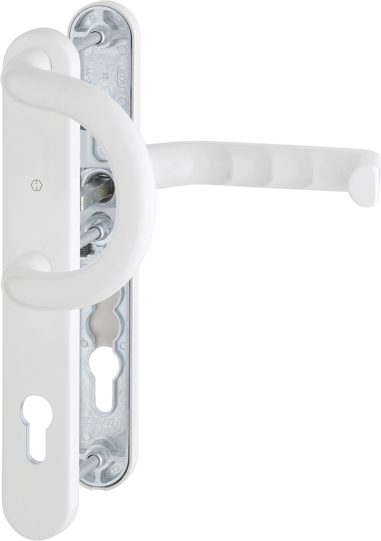 HOPPE -  Maniglia LIVERPOOL coppia con placca foro yale e con pomolo fisso fissaggio passante - mat. ALLUMINIO - col. F9010 BIANCO