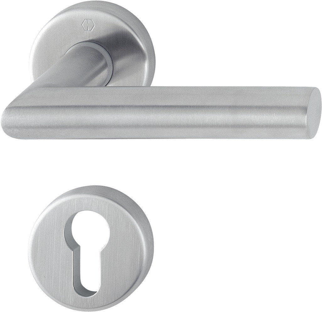 HOPPE -  Maniglia AMSTERDAM coppia con rosette e bocchette tonde foro yale - mat. INOX - col. F69 SATINATO